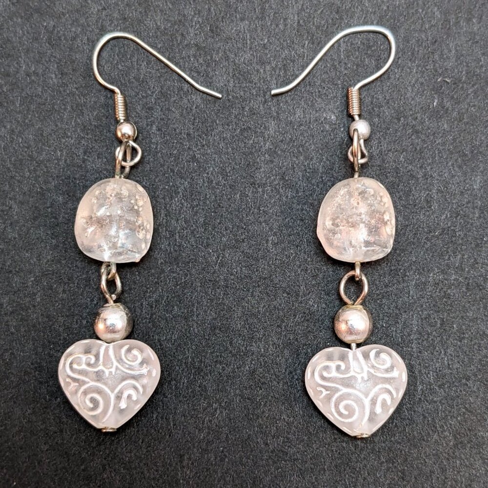 Vintage 90s Engraved Heart Frosted Faux Stone Dangle Earrings Rustic Boho Kawaii